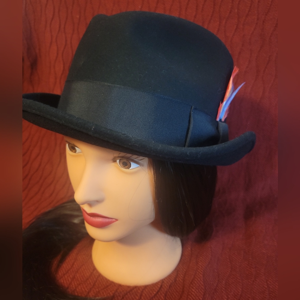Vintage Custom Made Bee Hats Black 100% Wool Fedora With Feather Size 7 USA